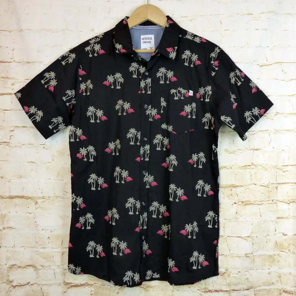 Reverse Threads Button Shirt Mens M Black Tropical Print Short Sleeve Pool Beach - Picture 1 of 10